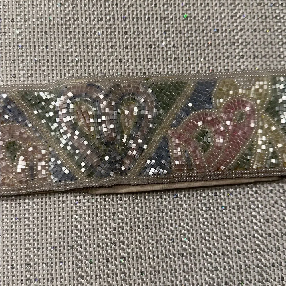 Vintage S Ivory Pink Green Yellow Blue Beaded Pastel Colored Wide Velcro Belt